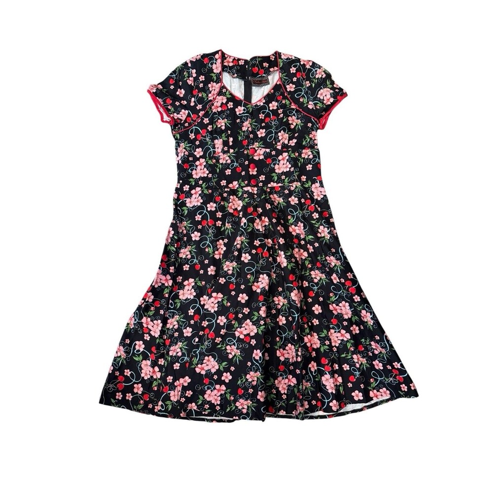 Voodoo Vixen Black Floral Midi Dress with Pink Flowers